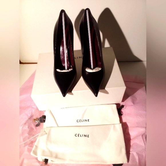 CÉLINE NEW 7.5 BLACK POINTED TOE LEATHER HEELS w BOX pumps womens - Picture 8 of 16